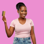 beautiful ethnic woman smiling holding credit card