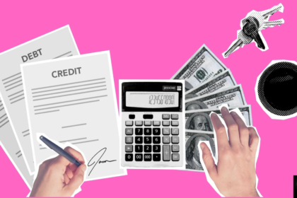 Hands calulationg credit, debt, money with keys and coffee on a table setting with pink background