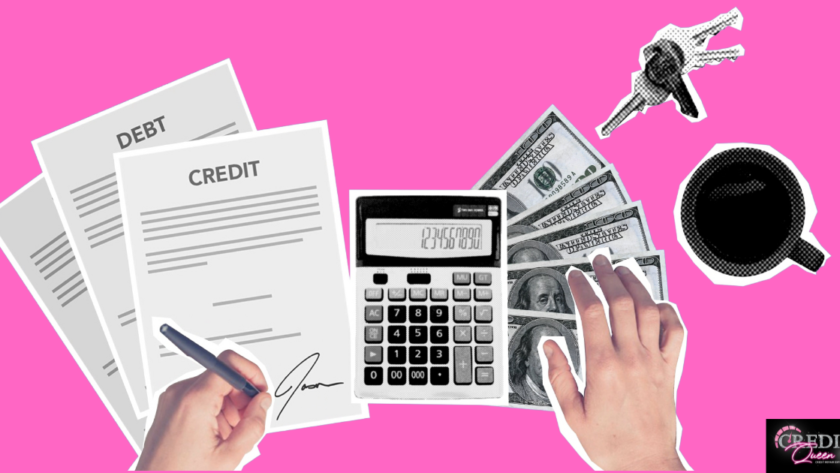 Hands calulationg credit, debt, money with keys and coffee on a table setting with pink background