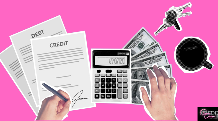 Hands calulationg credit, debt, money with keys and coffee on a table setting with pink background
