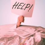 drowning in debt with a 'Help' sign