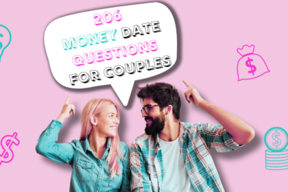 Couple pointing up to 206 Money Date Questions for Couples