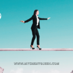 woman in a business suit balancing on a wooden beam