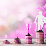 Old couple with cans standing on a large stack of coins representation of retirement savings and retirement planning