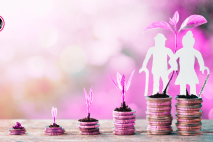 Old couple with cans standing on a large stack of coins representation of retirement savings and retirement planning