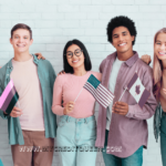 Group of young adult immigrants holding flags from different countries