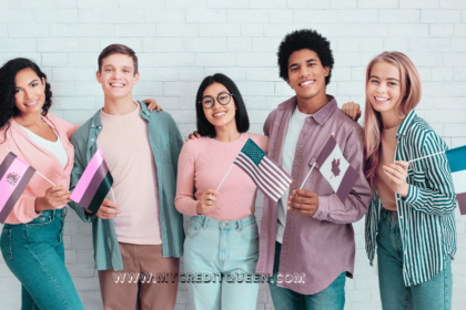 Group of young adult immigrants holding flags from different countries