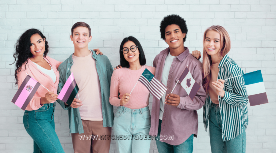 Group of young adult immigrants holding flags from different countries