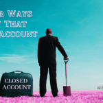 Man holding a shovel standing on pink grass next to a briefcase that says 'closed account' and there is a clear blue sky