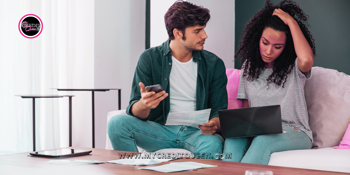 A caucasian man and an ethnic woman with curly hair review their bills in frustration. Paying minimum payment each month.