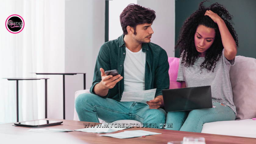 A caucasian man and an ethnic woman with curly hair review their bills in frustration. Paying minimum payment each month.