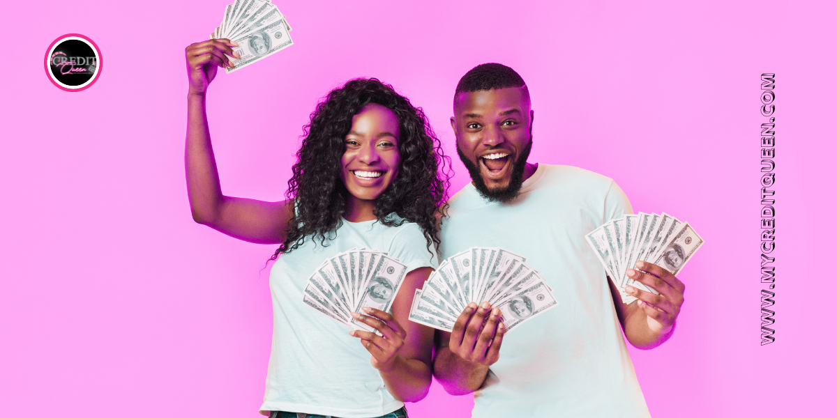 happy black couple smiling and holding hundred dollar bills,