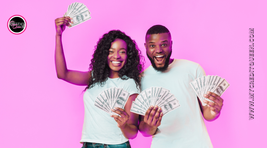 happy black couple smiling and holding hundred dollar bills,