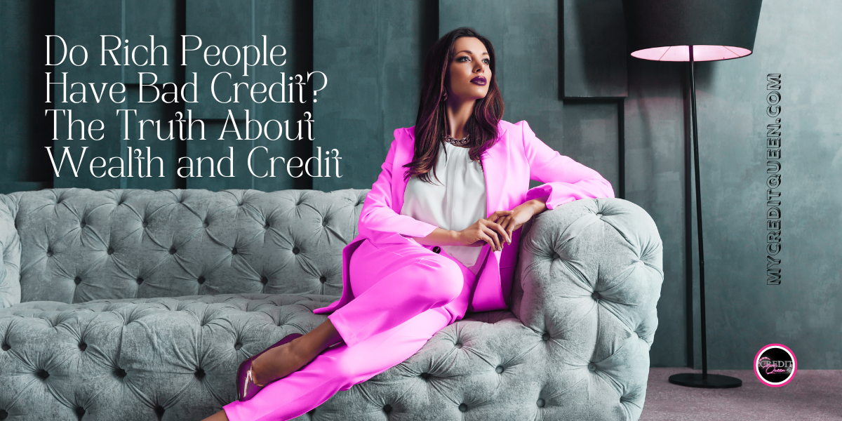 Wealthy woman sitting on a luxury couch in a pink suit, thinking about her bad credit. Wealth and credit