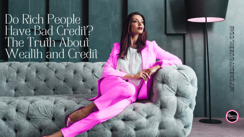 Wealthy woman sitting on a luxury couch in a pink suit, thinking about her bad credit. Wealth and credit