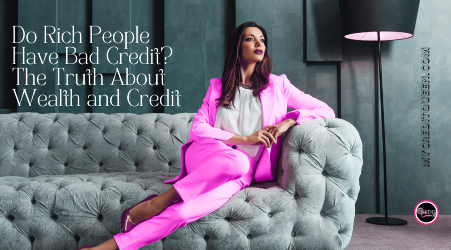 Wealthy woman sitting on a luxury couch in a pink suit, thinking about her bad credit. Wealth and credit