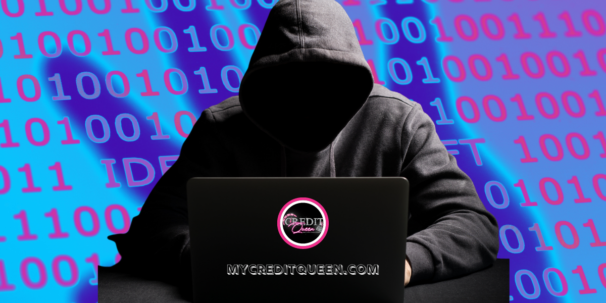 Faceless man wearing a black hoody on a laptop committing identity theft. Binary pink, purple, and blue numbers in the background