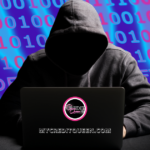 Faceless man wearing a black hoody on a laptop committing identity theft. Binary pink, purple, and blue numbers in the background