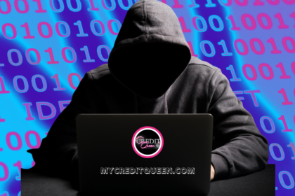 Faceless man wearing a black hoody on a laptop committing identity theft. Binary pink, purple, and blue numbers in the background