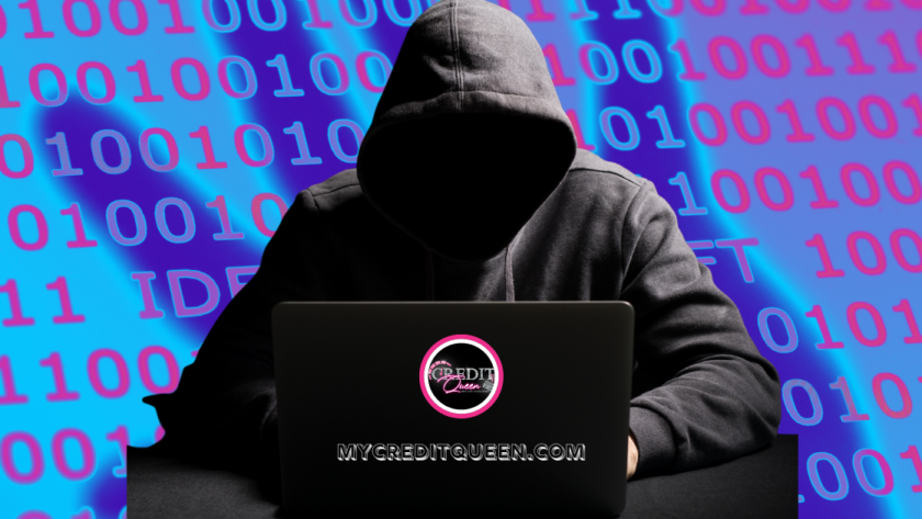 Faceless man wearing a black hoody on a laptop committing identity theft. Binary pink, purple, and blue numbers in the background