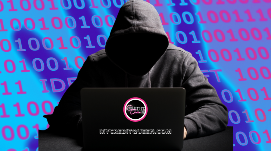 Faceless man wearing a black hoody on a laptop committing identity theft. Binary pink, purple, and blue numbers in the background