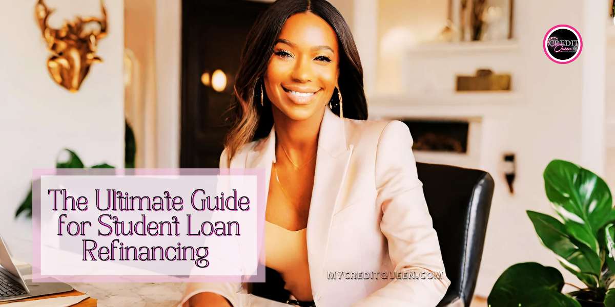 Beautiful businesswoman sitting at a desk in her luxury home smiling. Student loan refinancing