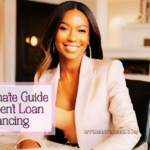 Beautiful businesswoman sitting at a desk in her luxury home smiling. Student loan refinancing