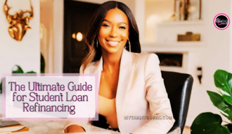 Beautiful businesswoman sitting at a desk in her luxury home smiling. Student loan refinancing