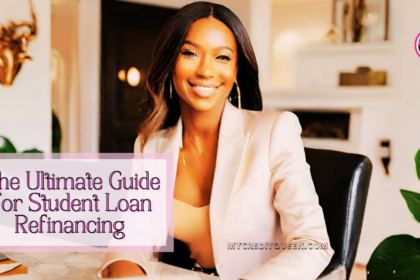 Beautiful businesswoman sitting at a desk in her luxury home smiling. Student loan refinancing