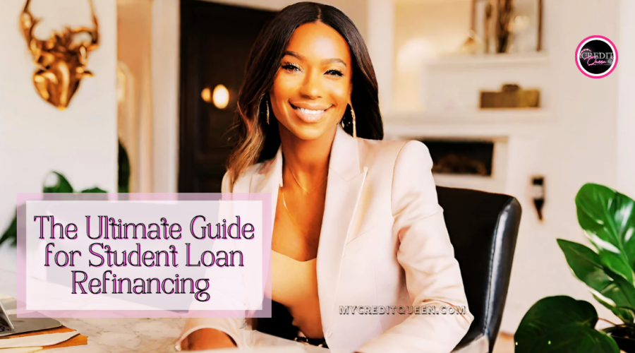 Beautiful businesswoman sitting at a desk in her luxury home smiling. Student loan refinancing